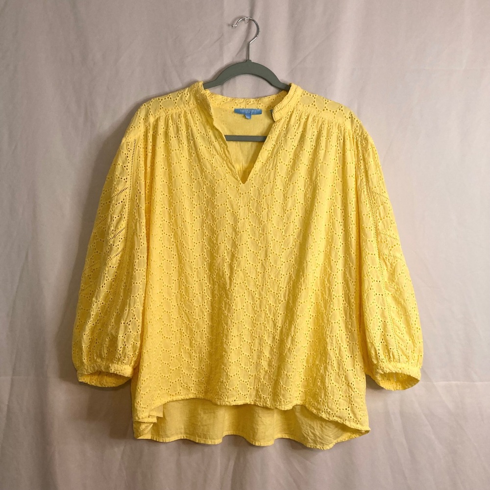 Yellow Eyelet Lace V-Neck Puff Sleeve Top 100% Cotton Draper James RSVP XXL Boho